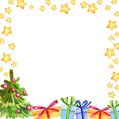 Watercolor square frame of christmas theme with a Christmas tree and gifts and stars, winter illustration, hand drawn sketch isolated on white background