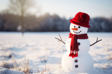 Obraz premium A snowman stands in the middle of a field, wearing a hat, scarf