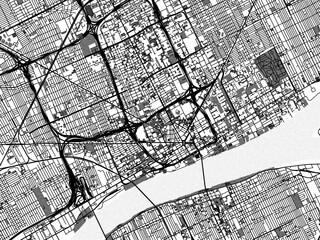 Greyscale vector city map of  Detroit Center Michigan in the United States of America with with water, fields and parks, and roads on a white background.