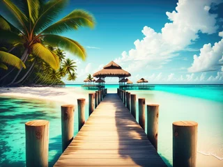Fotobehang Tropical summer travel and vacation wooden pier to an island © SnehaUniverse