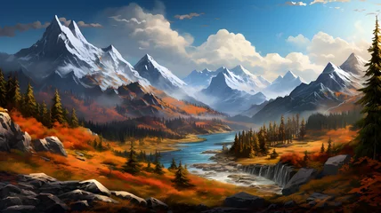 Fotobehang painting of a mountain landscape with a river and a waterfall Generative AI © Bipul