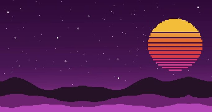 Pixel art Game Design 8 bit video vector. Animation of old style pixel game. Pixel art game background. Ground, planet, sky, clouds and stars. Old school background for game. 