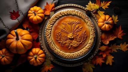pie with a decorative design on it surrounded by pumpkins Generative AI