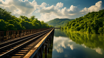 Obraz premium train track that is going over a bridge Generative AI