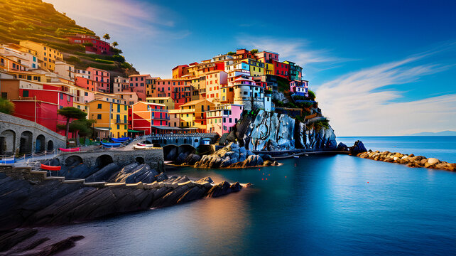 brightly colored buildings line the shore of a bay in a town Generative AI