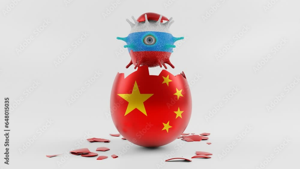 Poster 3d animation. an egg in the color of the chinese flag and a virus that hatches in the color of the f