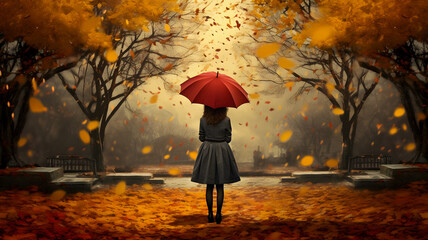 araffe woman with umbrella standing in a park in the fall Generative AI
