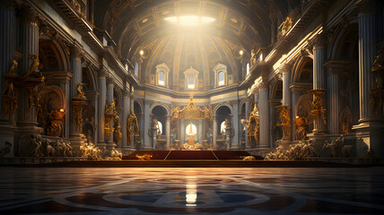 arafed view of a large cathedral with a red carpet and a golden altar Generative AI - obrazy, fototapety, plakaty