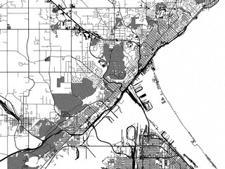 Greyscale vector city map of  Dulluth Minnesota in the United States of America with with water, fields and parks, and roads on a white background.