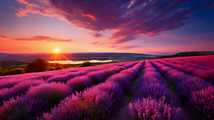 lavender field with sunset and clouds Generative AI