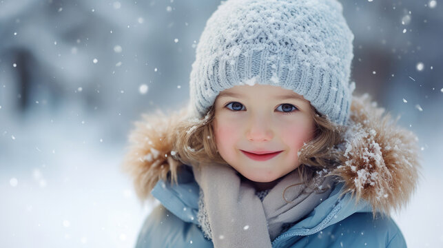 Cute and smiling little boy in blue winter clothes walking during snowfall created with Generative AI Technology