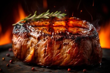 Tasty flavorful steak on the background of a blurred flame. Delicious food
