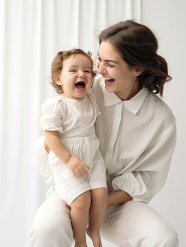 Happy smiling young woman having fun with cute baby girl on white background created with Generative AI Technology