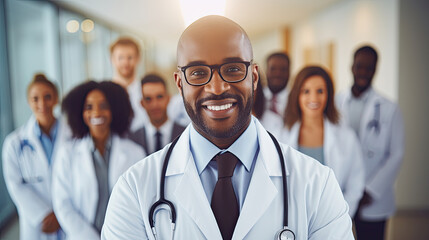 a doctor stood in the middle in a neat white coat and glasses smiling with his professional teams created with Generative AI Technology - obrazy, fototapety, plakaty