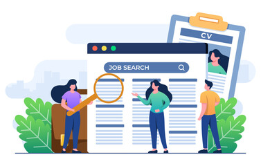 Freelance job seekers, Online job search, Recruitment, Human resources, Job interview, Online job advertisement, People looking for a job, Vacancies, Wanted, Hiring concept flat illustration