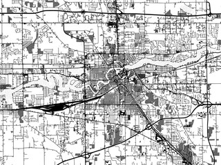 Greyscale vector city map of  Elkhart Indiana in the United States of America with with water, fields and parks, and roads on a white background.