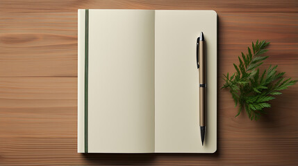 Minimalist flat lay of open notebook diary with pen created with Generative AI Technology