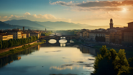 Naklejka premium arafed view of a river with a bridge and buildings in the background Generative AI