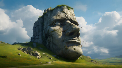 large stone face on a hill with a sky background Generative AI