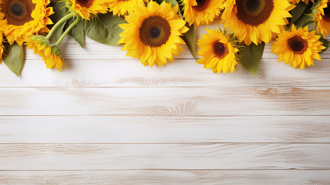 Spring floral background Fresh sunflowers on soft gray vintage wooden background created with Generative AI Technology