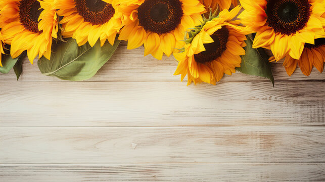 Spring floral background Fresh sunflowers on soft gray vintage wooden background created with Generative AI Technology