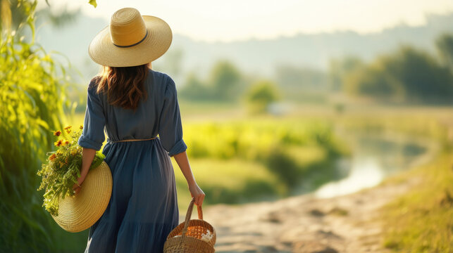 Beautiful Asian woman wearing dark blue skirt with straw hat carrying two baskets walking on beautiful path with flower fields created with Generative AI Technology