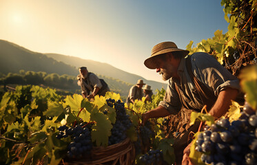 Workers harvesting grapes in a vineyard
