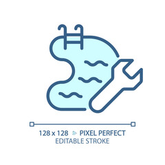 2D pixel perfect editable blue swimming pool maintenance icon, isolated vector, thin line illustration representing plumbing.