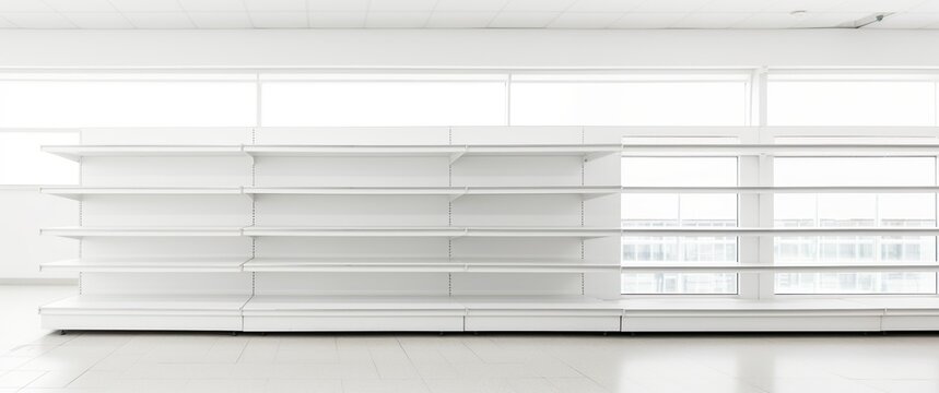 Empty white supermarket shelves. Store showcase displays. Realistic mockups of supermarket shelf and market stands. Retail shop product racks