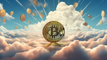 Bitcoin coin on sky background.Business finance investment. Digital technology concept.