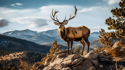 deer standing on a rock with mountains in the background Generative AI