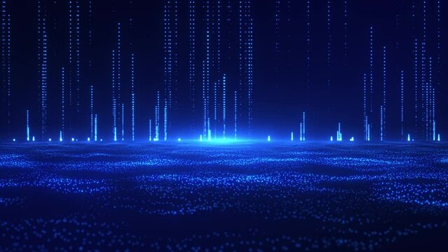 Digital waves of particles emit light and stream of data points, big data visualization, futuristic or technological abstract background  with moving dotted dotted surface. Animation of seamless loop.