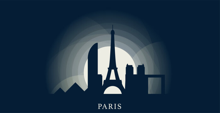 France Paris city cityscape skyline capital panorama vector flat modern banner art. French central region town emblem idea with landmarks and building silhouettes at sunrise sunset night