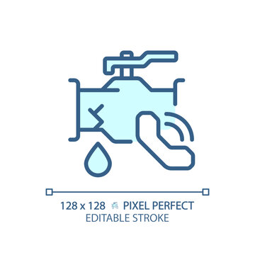 2D pixel perfect editable blue icon pipe leakage with call icon, isolated vector, thin line illustration representing plumbing.