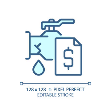 2D pixel perfect editable blue pipe leakage with dollar icon, isolated vector, thin line illustration representing plumbing.