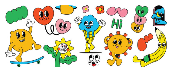 Set of 70s groovy element vector. Collection of cartoon characters, doodle smile face, flowers, sun, ice-cream, pencil, lemon, heart. Cute retro groovy hippie design for decorative, sticker, kids.