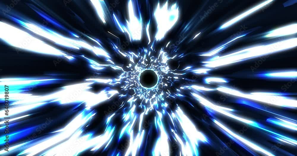 Poster warp tunnel wormhole moving in hyperspace, abstract blue energy vortex flying. wormhole right in tim