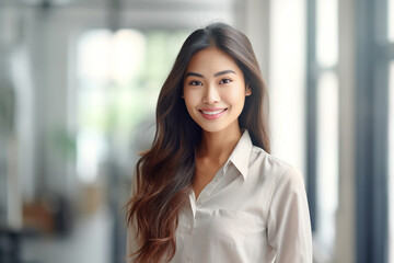 Fototapeta premium In the backdrop of a blurred office, a confident and intelligent young Asian woman, elegantly attired in a light gray suit paired with a crisp white shirt, delivers a presentation. Generative AI.