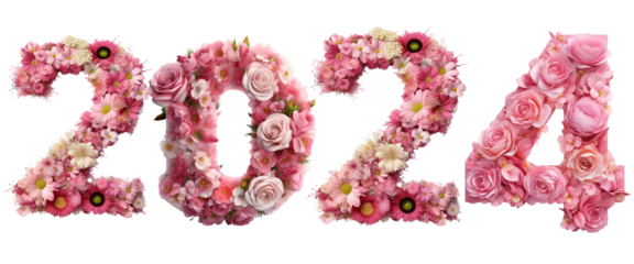 2024, year 2024 flower Happy New Year 2024 celebration on transparent background