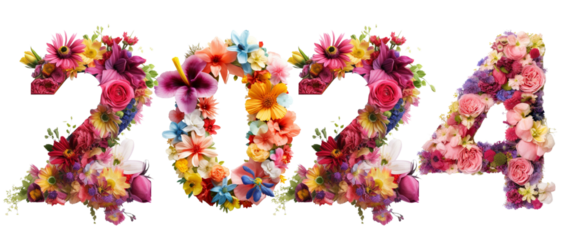 2024, year 2024 flower Happy New Year 2024 celebration on transparent background