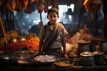 Indian boy at food market doing shopping