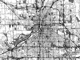 Greyscale vector city map of  Grand Rapids Michigan in the United States of America with with water, fields and parks, and roads on a white background.