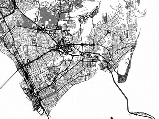 Greyscale vector city map of  Hampton Virginia in the United States of America with with water, fields and parks, and roads on a white background.