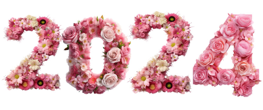 2024, year 2024 flower Happy New Year 2024 celebration on transparent background