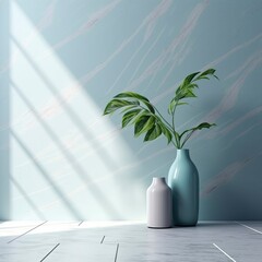 Minimalistic light background for presentation with marble floor on a light blue wall