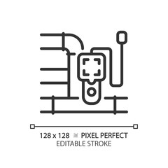 2D pixel perfect editable black pipeline and device icon, isolated vector, thin line illustration representing plumbing.