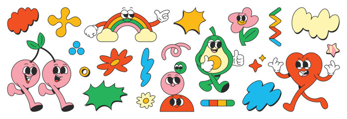 Set of 70s groovy element vector. Collection of cartoon characters, doodle smile face, cherry, rainbow, avocado, heart, flower, ball. Cute retro groovy hippie design for decorative, sticker, kids.