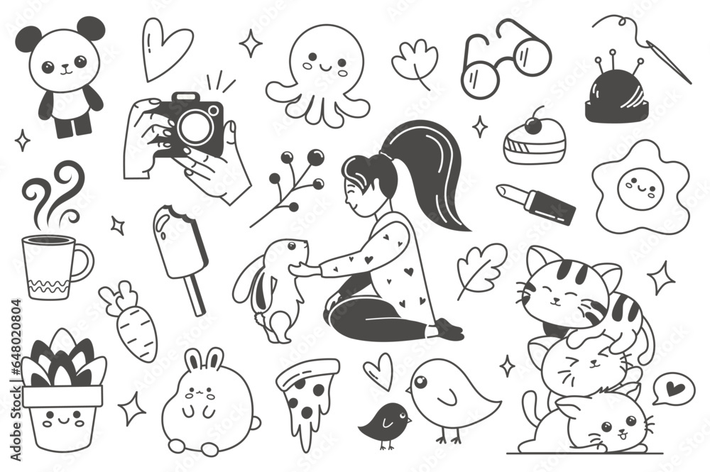 Fototapete kawaii set in flat line style. this adorable illustration set in kawaii-style design features cute c