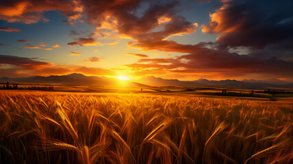 sunset over a wheat field with a fence and mountains in the background Generative AI - obrazy, fototapety, plakaty