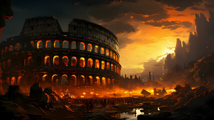 painting of a roman colossion with a fire burning in the foreground Generative AI - obrazy, fototapety, plakaty